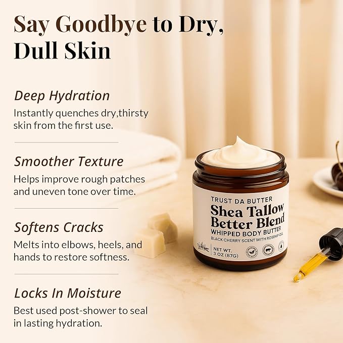 Beef Tallow for Skin – Whipped Moisturizer – 100% Grass-Fed, Organic Shea Butter, Rosehip oil & Vitamin E – Deep Eczema Relief, Face & Body, Black Cherry, 3oz – Made in USA