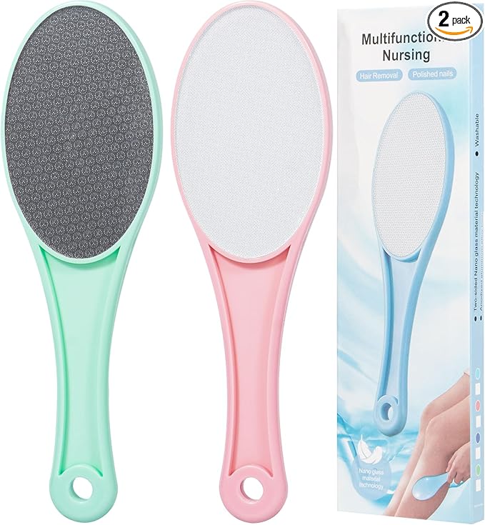 Nano Glass Foot File Callus Remover, 2 Pack Hard and Dead Skin Remover for Feet, Double Sided Foot Scrubber Hygienic Pedicure Tool, Hair Eraser for Softer and Smoother Feet Hands, Green & Pink