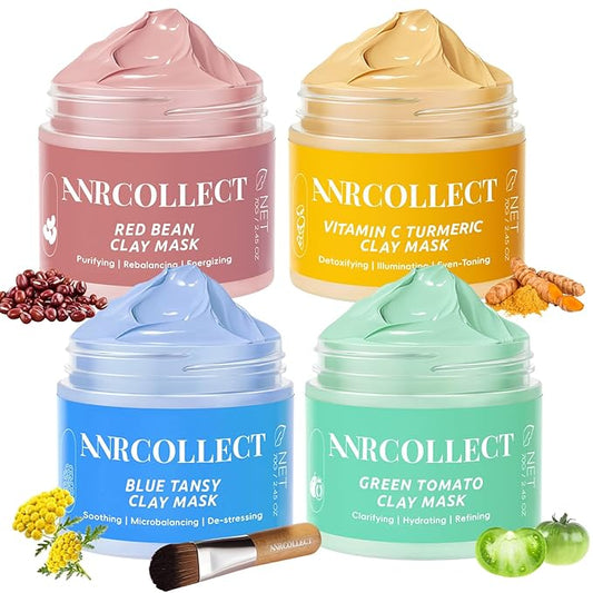 4Pcs Clay Mask Set, Kaolin Facial Spa Kit for Pore Cleansing & Glowing, Hydrating Mud Cream Wash-Off Mask for All Skin Types, Women and Men (70g*4+Brush)
