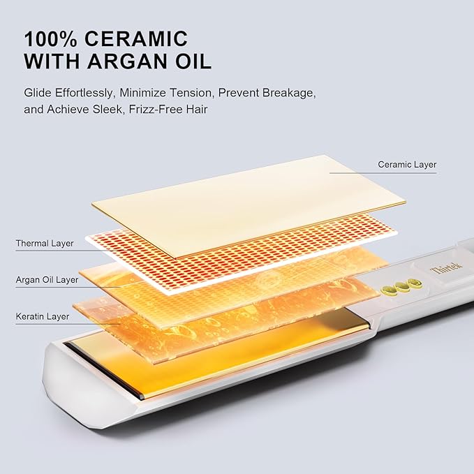 Thirtek Professional Hair Straightener,1.5 inch Ceramic & Titanium Flat Iron,15 Adjustable Temperature Levels,LCD Display, 25s Quick Heat Up,Styling Tools for Thick Hair,Dual Voltage,White&Gold