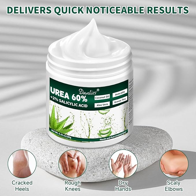 Urea Cream 60% with 2% Salicylic Acid – Unscented 60 Percent Urea Maximum Strength for Dry, Cracked Heels, Hands, Knees, and Elbows. Dead Skin Remover & Callus Repair Treatment 6.35 oz