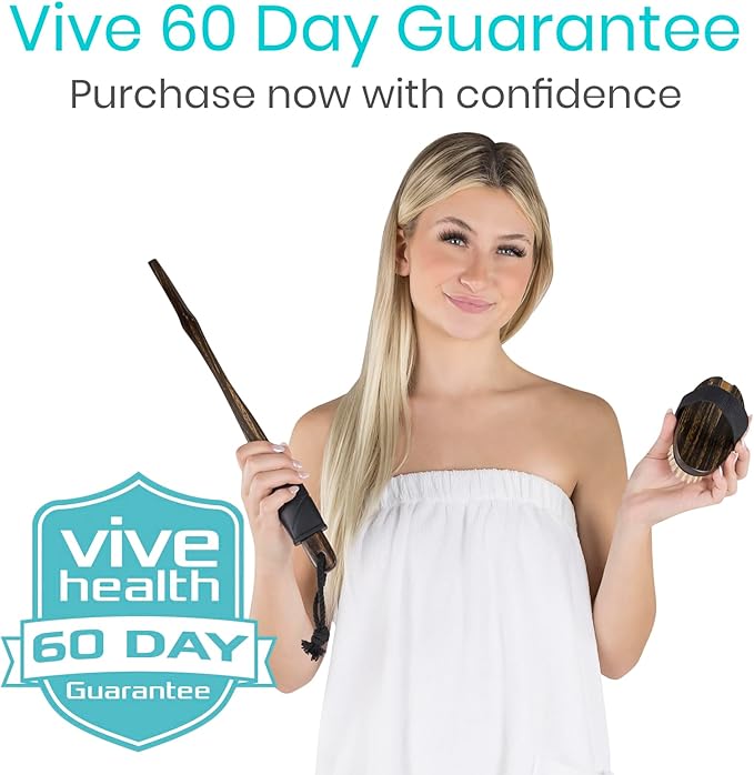 Vive Dry Brush Set for Lymphatic Drainage (3 Pieces) - Brushing Scrubber for Exfoliating, Body Cellulite and Skin Massage - 100% Natural Boar Hair Bristles, 14” Long Dark Wooden Handle w/Storage Bag