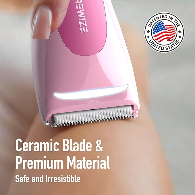 BAREWlZE Bikini Trimmer for Women, Pubic Hair Trimmer | LED Light, IPX7 Waterproof, USB-C Rechargeable, Replaceable Ceramic Blade | Electric Razors for Women, Electric Body Hair Shaver (Petal Bonbon)