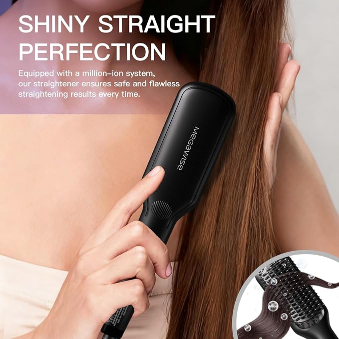 MEGAWISE Pro Ceramic Ionic Hair Straightener Brush for Home Salon | MCH Fast 20s Heating Tech with Auto-Off Safety | Anti-Scald with Universal Dual Voltage | Rotatable Power Cord