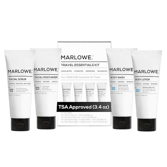 MARLOWE. Travel Essentials Kit, No. 103 Body Wash, No. 002 Body Lotion, No. 122 Facial Scrub & No. 123 Facial Moisturizer, Hydrating, Exfoliating & Nourishing Skin Care Set for All Skin Types