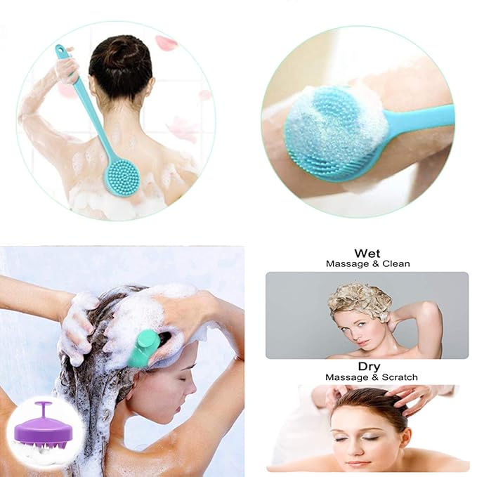 Silicone Body Scrubber & Scalp Massager, Long Handle Shower Brush, Exfoliating Scrubber for Men, Women & Kids