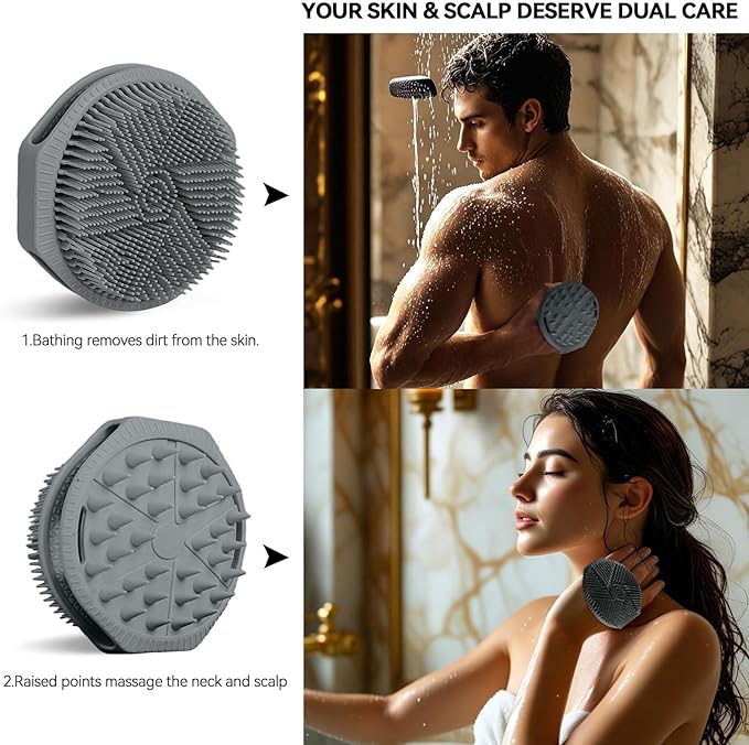 Silicone Body Scrubber as Stocking Stuffers, Dual-Sided Silicone Loofah for Shower, Exfoliating Body Brush Scrubber for Men and Women for All Skin, Scalp Massager Lather Well＆Easy to Clean (Gray)