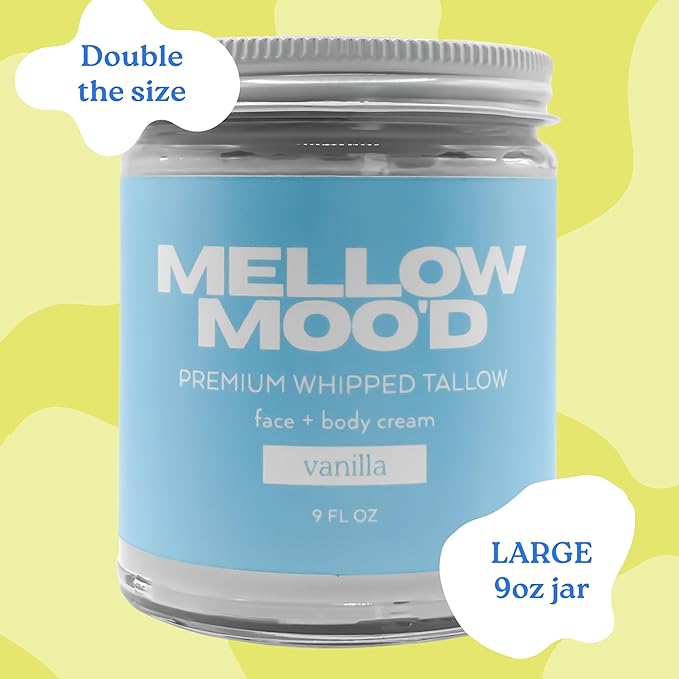 Mellow Moo'd Whipped Grass Fed Beef Tallow - Face + Body Cream - Tallow Moisturizer for Sensitive Skin - Natural Body Butter Lotion XTRA Large 9 FL OZ - Made In USA (9oz, Vanilla)