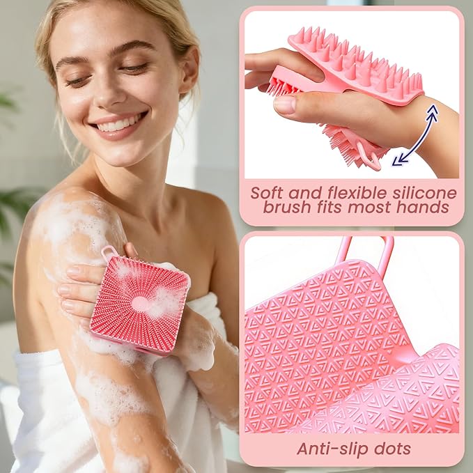 Manmihealth Dual-Sided Silicone Body Scrubber Scalp Massager & African Bath Sponge Net Set, 2-in-1 Silicone Shower Shampoo Brush Africa Wash Net Combination, Lather Well, Strong Exfoliating (Pink)