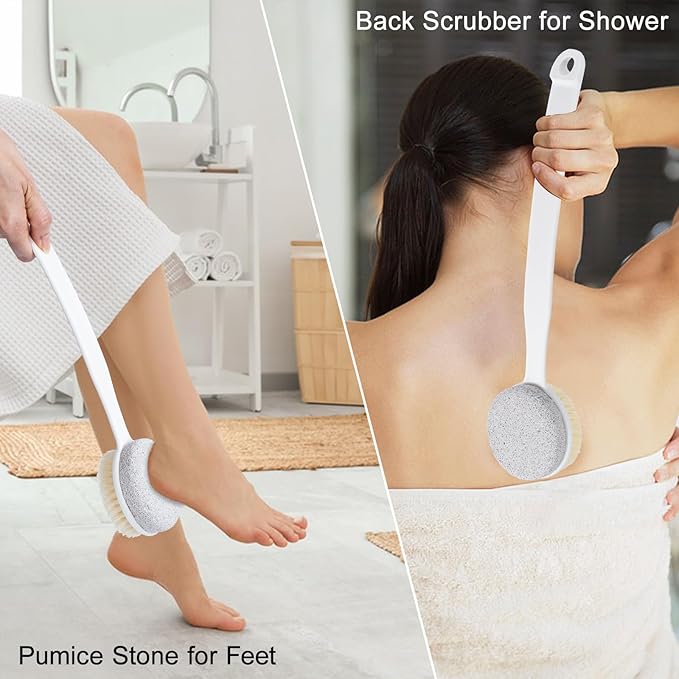 Pumice Stone for Feet and Shower Brush with Long Handle, 3 Pcs Hard Skin Callus Remover, 2 in 1 Foot Scrubber Brush, Back Scrubber Body Brush for Shower Deep Cleansing and Exfoliating (Curved)