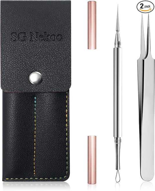 SGNEKOO Milia Remover Whitehead Extractor, Blackhead Tweezers with Angled Loop & Acne Needle Rose Gold in Case,Professional Facial Tool Kit