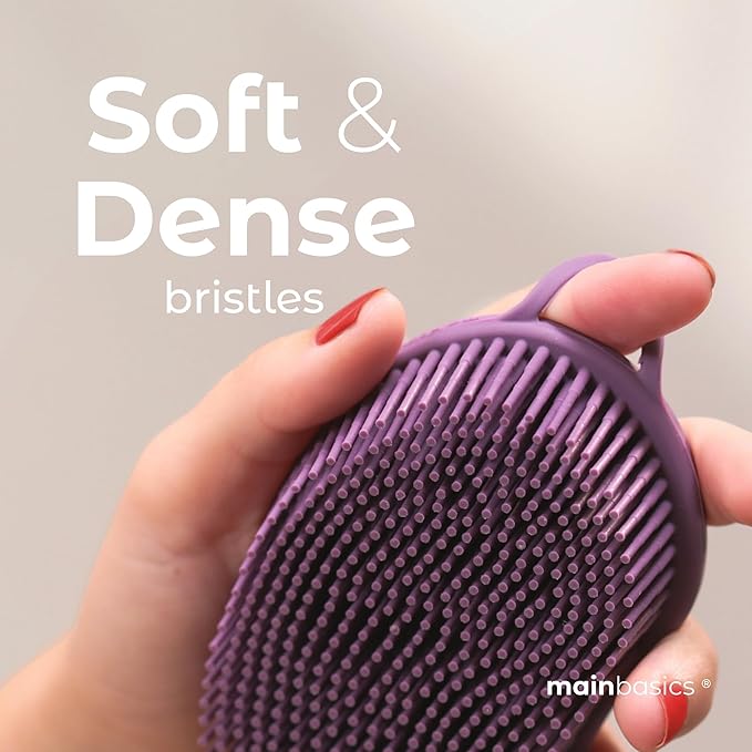 MainBasics Silicone Body Scrubber – Dual-Sided Shower Scrubber with Massage Nodes, Silicone Loofah Alternative for Deep Clean (Purple, Massage)