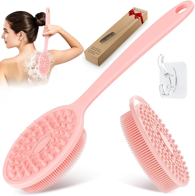 Silicone Back & Body Scrubber Set 2PCS, 13.4'' Gentle Exfoliating Back Scrubber with Dual-Side Head and Non-Slip Handle, Hygienic Silicone Loofah with Soft Bristles and Massage Dots(Pink-2PC)