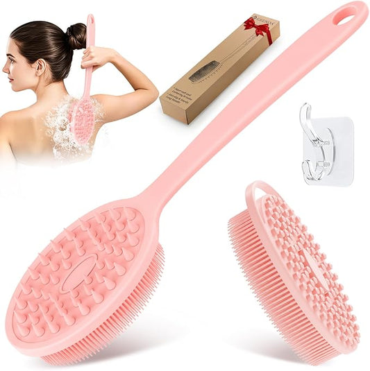 Silicone Back & Body Scrubber Set 2PCS, 13.4'' Gentle Exfoliating Back Scrubber with Dual-Side Head and Non-Slip Handle, Hygienic Silicone Loofah with Soft Bristles and Massage Dots(Pink-2PC)