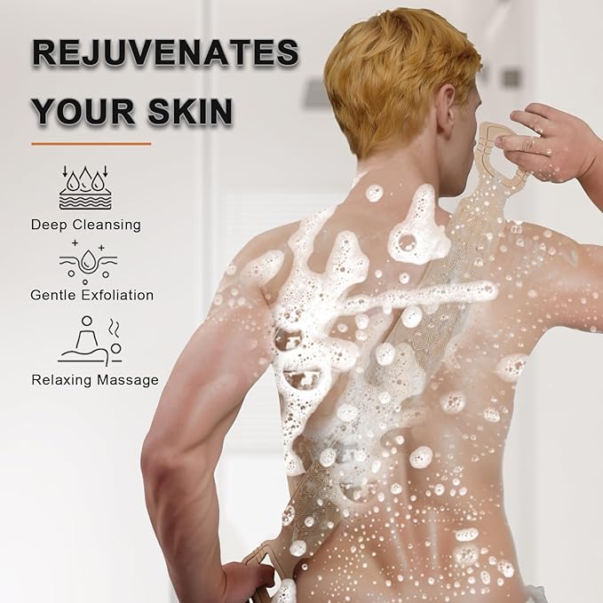 1 Pack ﻿Exfoliating Back Scrubber for Shower,Double-Sided Back Scrub Washcloth Strap,Cover The Entire Back for Men Women,Silicone Back Massage Bath Brush,Exfoliate and Massage (Brown)