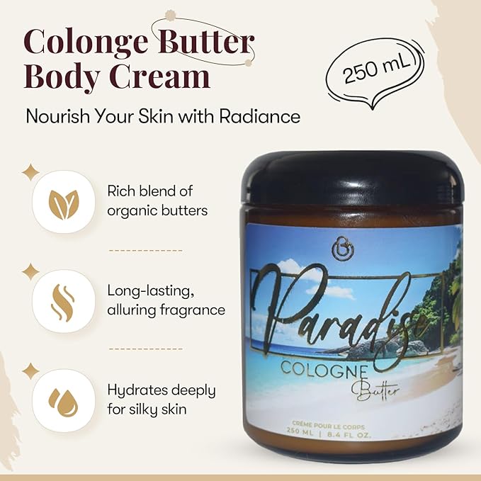 8.4 Fl. oz Cologne Body Butter – PARADISE | Scented Organic Cologne for Men & Women | Hydrating & Long-Lasting Fragrance with Coconut, Vanilla, Amber, Night Orchids & Warm Sands | Amber Glass Jar