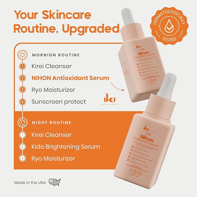 IKI Nihon Antioxidant Kojic Acid Serum - Kojic Acid + Ferulic Acid & Vitamin E and Vitamin C Serum for Face - Brightens, Evens Tone & Protects - Clean, Fragrance-Free, Cruelty-Free - 30ml