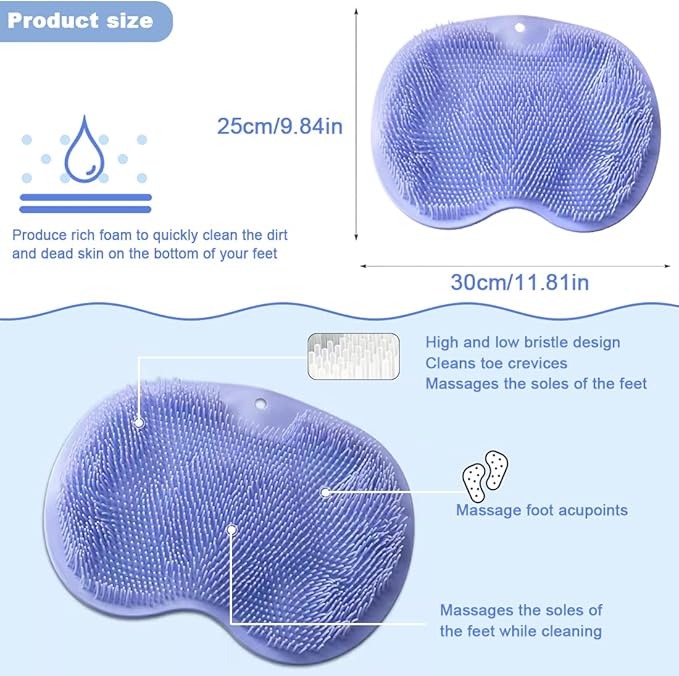 1 Pcs Shower Back & Foot Scrubber,Wall Mounted Back Scrubber Silicone Bath Massage Cushion Brush with Suction Cups,Bathroom Wash Foot Mat Exfoliating Dead Skin Foot Brush (L-Blue)