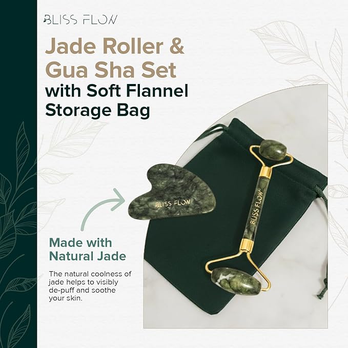 Jade Roller & Gua Sha Set – Natural Jade Face Roller for Puffiness, Wrinkles & Lifting – Cooling Facial Massage Tool for Glowing Skin, Stress Relief & Skincare Absorption