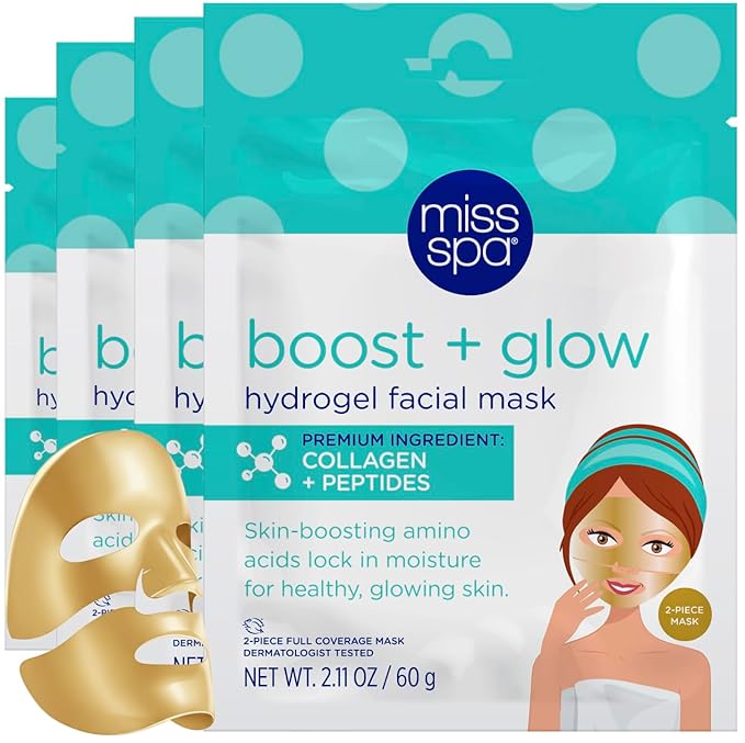 MISS SPA Boost Glow Hydrogel Facial Mask Collagen & Peptide Infused Sheet Mask Moisturizing, Firming & Radiance-Boosting Skincare Treatment for Glowing Skin, Anti Aging Skin Care, 4 Pack