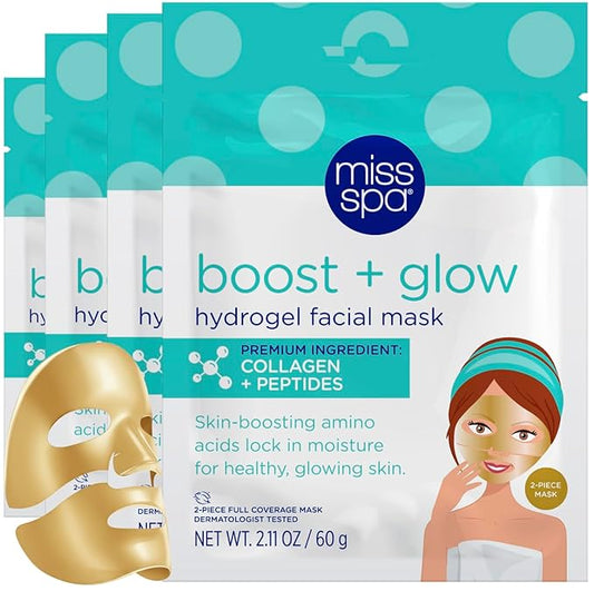MISS SPA Boost Glow Hydrogel Facial Mask Collagen & Peptide Infused Sheet Mask Moisturizing, Firming & Radiance-Boosting Skincare Treatment for Glowing Skin, Anti Aging Skin Care, 4 Pack