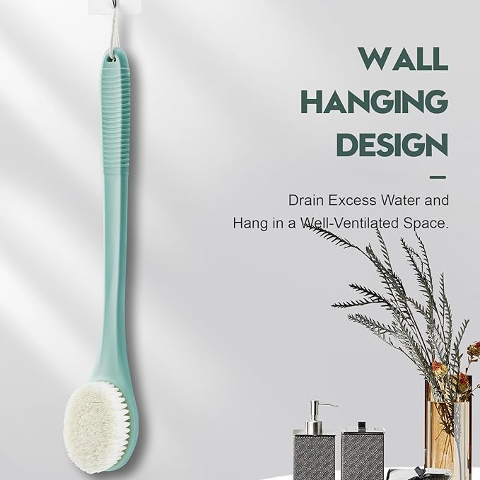 Back Scrubber for Shower, Shower Body Brush for Cleaning with Long Handle for Showering, 17 Inch Back Washer Exfoliator for Shower Men Women with Non-Slip Handle, Adhesive Hook (Pea Green)