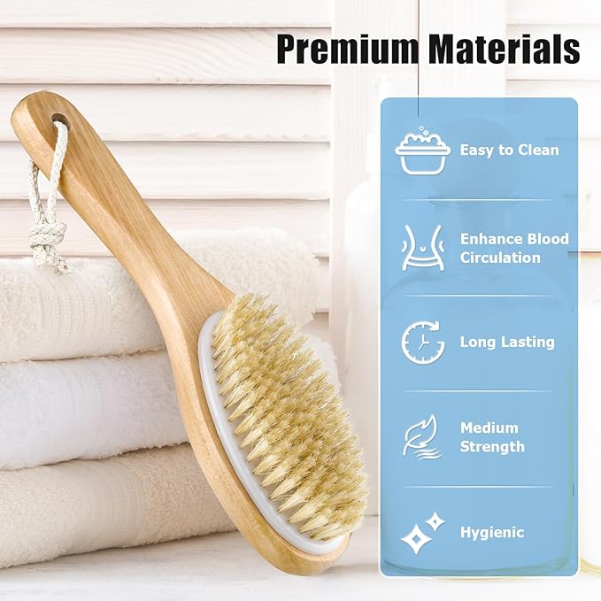 Dry Brushing Body Brush, 100% Natural Boar Bristle Beauty Body Dry Brush Brushing, with Contoured Wooden, Ergonomic Handle, Easy to Clean for Back Legs Feet Exfoliates Dead Skin