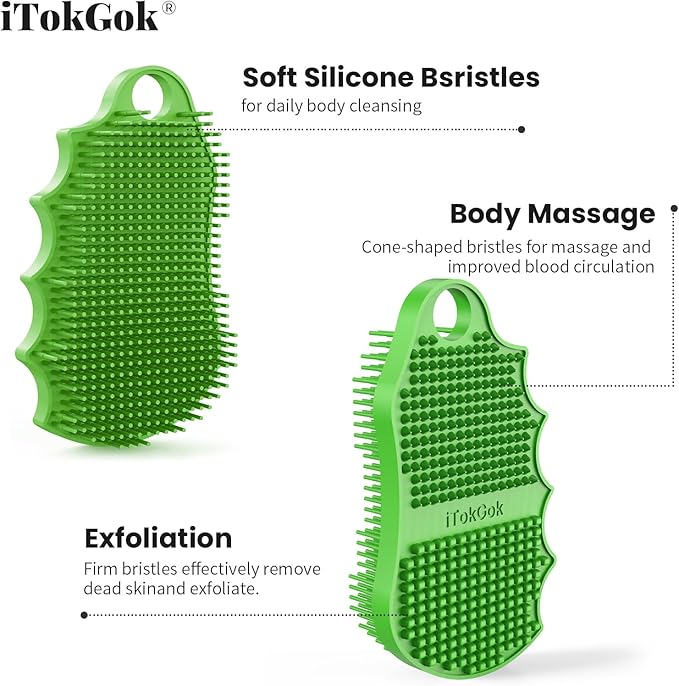Silicone Body Scrubber Silver-Infused Dual-Sided 3-in-1 for Shower, Body Cleaning+Massage+Exfoliator Body Brush Buffer for Men and Women, Silicone Loofah, Non-Slip Handle (Green)