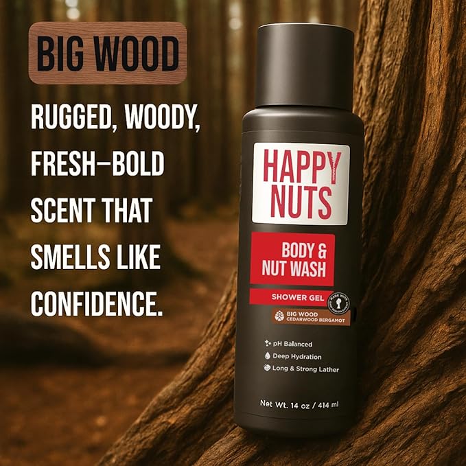 HAPPY NUTS Big Wood Body and Nut Wash - Moisturizing Men's Shower Gel, Natural Bodywash with Deep Cleanse for Sensitive Skin - Men's Soap (2 Pack, Big Wood)