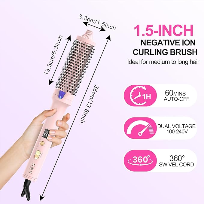K&K 1.7 Inch Cool-AIR TECH Hair Styling Tool Bounce Brush, Heated Thermal Round Brush with Negative Ion Technology, Multiple Heat Settings for Blowout Look with Hair Care Oil, Temperture Contronal