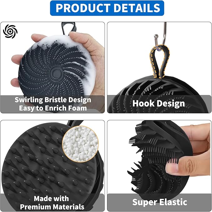 Larger Silicone Body Scrubber&Scalp Massager Hair Growth,Dual Sided Dual-Use,Exfoliating Body Scrubber,Wet&Dry Brush for Hair Massager Scalp,Silicone Shower Scrubber (Black)