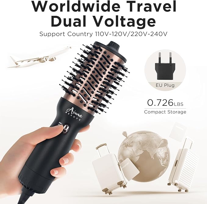 Aima Beauty 4 in 1 Worldwide Travel Hot Air Brush Dual Voltage Blowout Brush Oval Shape 110-120V/220-240V Straightener Blow Dryer Brush Negative Ionic Lock Moisture Gift 360° Swivel Cord Black
