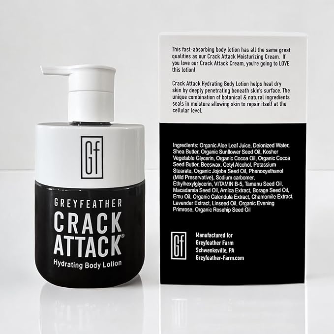 Crack Attack Hydrating Body Lotion for Dry Cracked Skin – Fast Absorbing, Mint Scented, Non-Greasy Moisturizer with Aloe, Shea Butter, Emu Oil, Tamanu – Heals Hands, Feet, Elbows, Full Body Repair