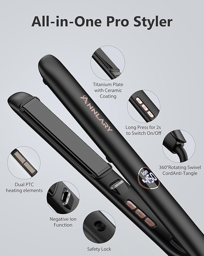 Hair Straightener 1 Inch Flat Iron and Curler 2 in 1, 15s Fast Heating, Professional Titanium Ceramic Ionic Dual Voltage Straighteners for All Hair Types