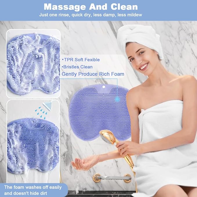 1 Pcs Shower Back & Foot Scrubber,Wall Mounted Back Scrubber Silicone Bath Massage Cushion Brush with Suction Cups,Bathroom Wash Foot Mat Exfoliating Dead Skin Foot Brush (L-Blue)