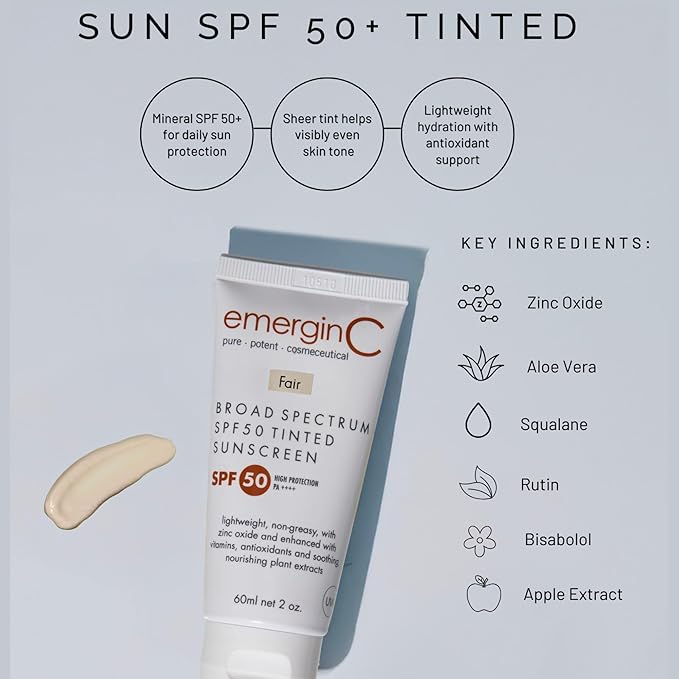 emerginC Broad Spectrum SPF 50 Tinted Mineral Sunscreen for Face (Fair) - Mineral Based Tinted SPF & Moisturizer with UVA/UVB Protection - Lightweight, Non-Greasy - With Aloe Vera & Zinc Oxide (2 oz)