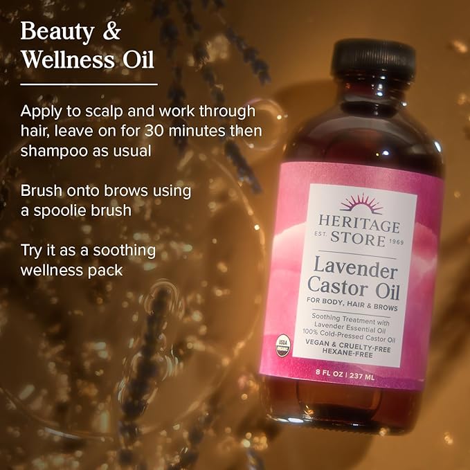 HERITAGE STORE Lavender Castor Oil Organic - Soothing Hair Treatment w/ Lavender Essential Oil - Hair Care, Skin Care, Castor Pack Wrap - Calming Scent, Vegan, Hexane Free, 60-Day Guarantee, 8oz