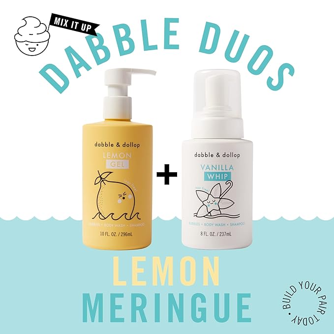 Dabble & Dollop Lemon + Vanilla Body Wash & Shampoo – 3-in-1 Natural Bubble Bath for Kids, No Parabens or Sulfates, Vegan, Gluten-Free, Tear-Free (2-Pack)
