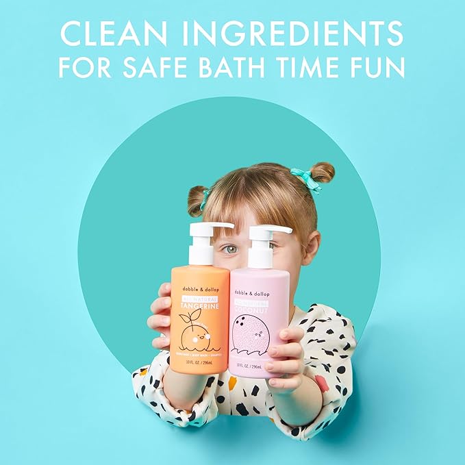 Dabble & Dollop All Natural Tangerine 3-in-1 Body Wash, Shampoo & Bubble Bath for Kids – Tear-Free, Gentle, Hypoallergenic, Vegan, No Parabens or Sulfates (10 fl oz, Pack of 2)