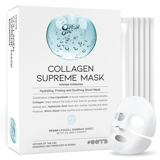 #OOTD Collagen Hydrating Sheet Masks for Face Korean Anti Aging Mask Sheet for Dry Skin & Sensitive Skin, EVE Vegan, Not Tested on Animals, No Parabens, No Sulfates, Hyaluronic Acid, Witch Hazel 10EA