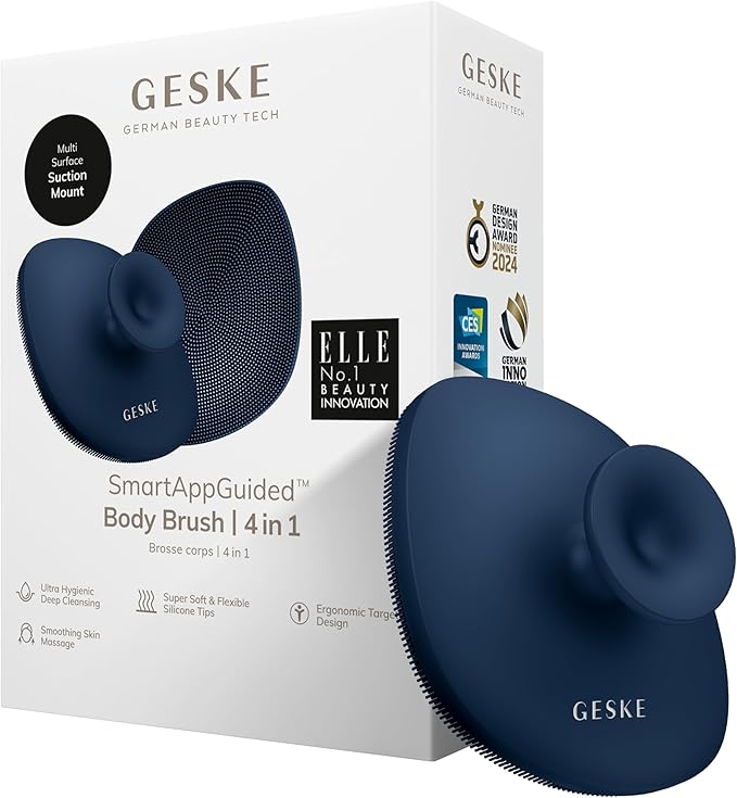 GESKE Body Brush | 4 in 1 | Cleansing Brush for The Entire Body | Professional Deep Cleaning | Soft Silicone Bristles | Ergonomic Two-Finger Design | Cleanses & Massages