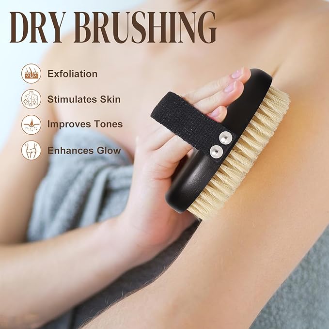 Dry Brushing Body Brush for Lymphatic Drainage, Azymi Shower Bath Brush 100% Natural Thick Bristles Exfoliate Dead Skin, Detoxify, Improve Blood Circulation, Dry & Wet Brush Dual-Use 1-Pack Oval