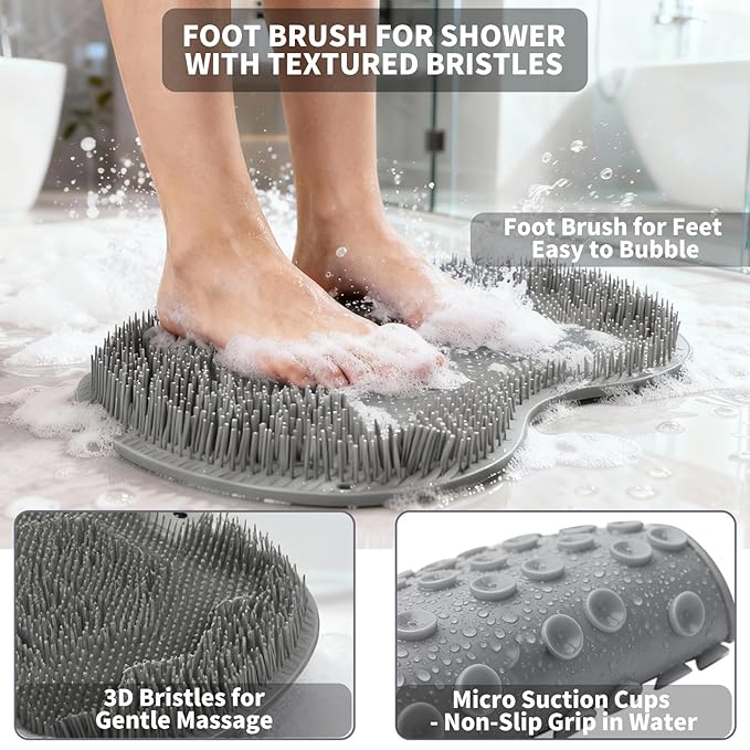 Shower Foot Scrubber Mat with 3 Types of Upgraded Brushes for Massage, Shower Back Scrubber with Micro Suction Cups,Back Washer,Shower Scrubber for Body at Home Spa (Gray)