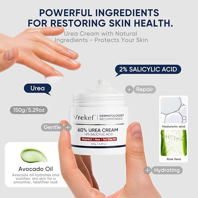 Urea Cream 60 Percent for Feet Maximum Strength, Urea Cream 60% Plus Salicylic Acid 2%, Foot & Hand Cream for Dry Cracked