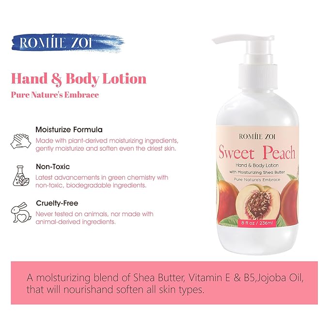 ROMIIE ZOI Daily Hand & Body Lotion with Moisturizing Shea Butter - Sweet Peach - 236 ML / 8 FL OZ