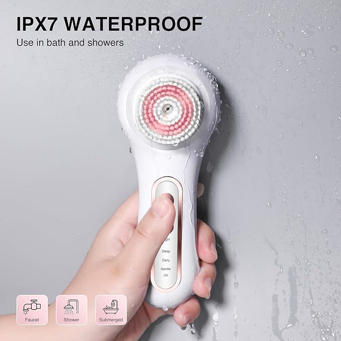 Face Scrubber Exfoliator, Rechargeable Facial Cleansing Brush with 2-Way Rotation & 3 Modes, 30-Day Runtime, 5 Brush Heads for SPA-Level Care, IPX7 Waterproof, Deep Cleaning for All Skin Types