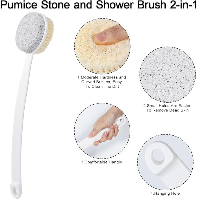 Foot File Callus Remover,Beomeen Pumice Stone for Feet with Long Handle, Hard Skin Callus Remover, 2 in 1 Foot Scrubber Brush, Back Body Brush for Shower Brush Deep Cleansing and Exfoliating (Curved)