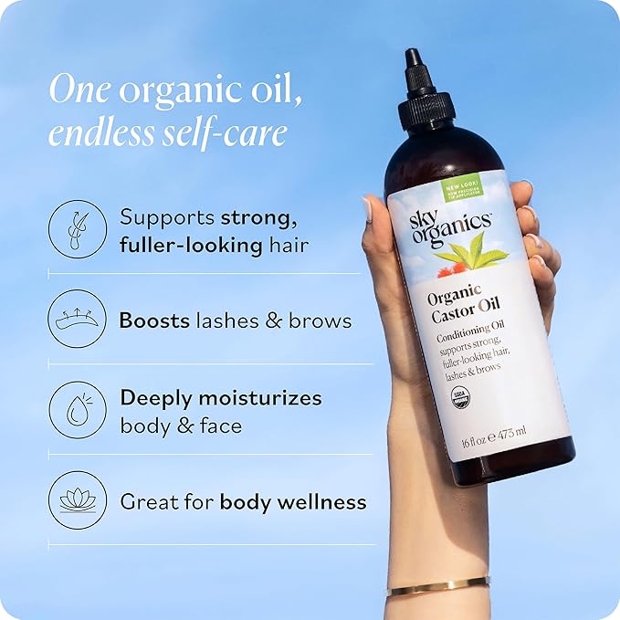Sky Organics Castor Oil - USDA Certified Organic Hair Oil for Hair Growth, Skin, Face, Eyelashes - Cold Pressed & Hexane Free - Pure Organic Castor Oil Pack Wrap - Carrier & Hair Treatment Oil -16oz