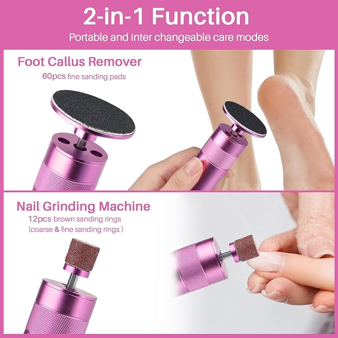 Electric Foot Callus Remover, 2-in-1 Electric Foot Filer/Nail Filer, Callus Remover for Feet with 60Pcs+12Pcs Sandpaper Discs，Holiday Gift Foot Repair Tool, Pink