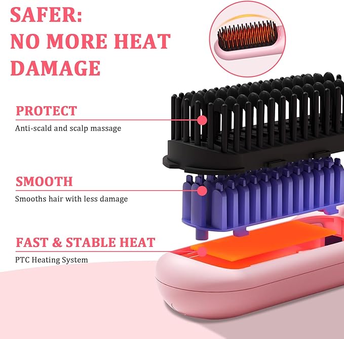Cordless Hair Straightener Brush - Portable Hair Brush for Travel - 30s Fast Heating - Portable Straightening Brush for Travel, Mini Hot Straightening Comb for Women